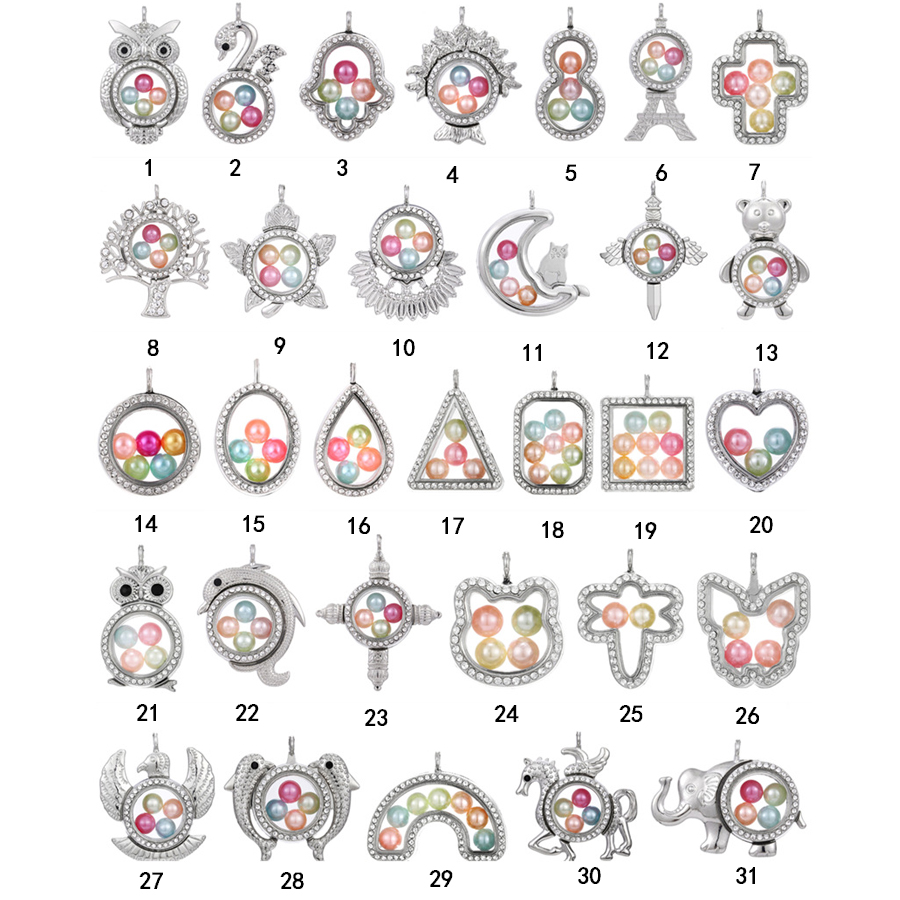 

Fashion Big Pearl Cage Locket Pendant necklace For women Elephant Cross Owl Tree Living Memory Beads Glass Magnetic Floating charm Jewelry