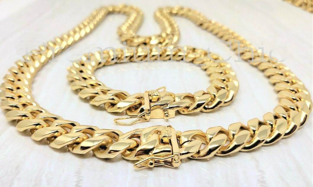 

14mm Mens Miami Cuban Link Bracelet & Chain SET 14k Gold Plated Stainless Steel