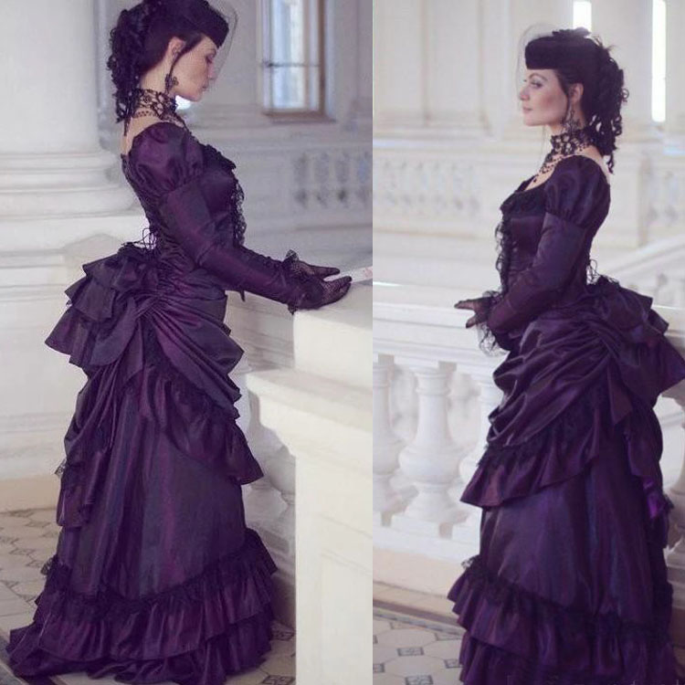 

2020 Victorian Gothic Purple Prom Dresses Retro Royal House Ball Duchess Party Gowns Long Sleeves Lace Ruched Renaissance Aristocracy Dress, Light purple