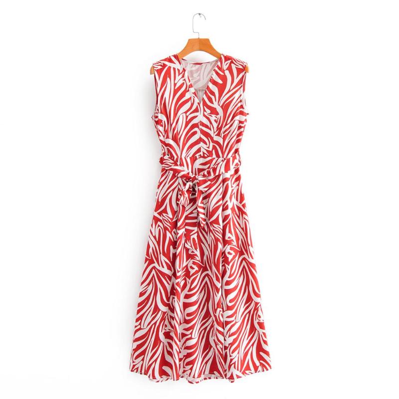 

New 2020 women elegant v neck red zebra striped print bow tie sashes midi dress lady chic sleeveless casual slim vestidos DS3591, As pic ds3591ff