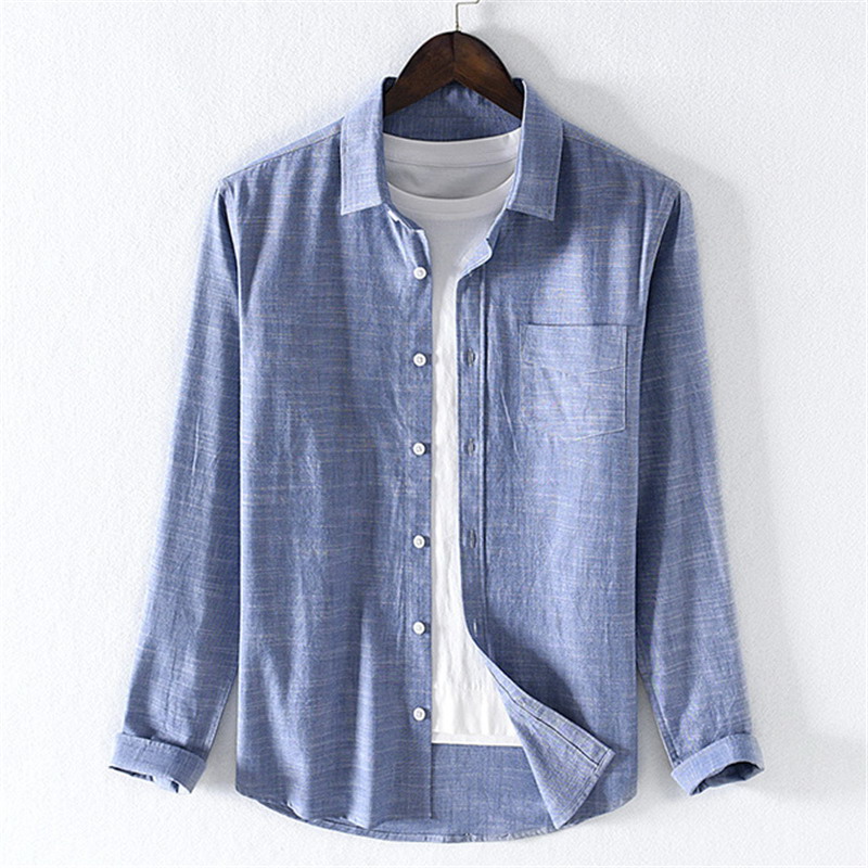 

Men's casual cotton slub Oxford Long Sleeve Shirt 2019 New Men's square collar shirt in autumn 9314, Blue