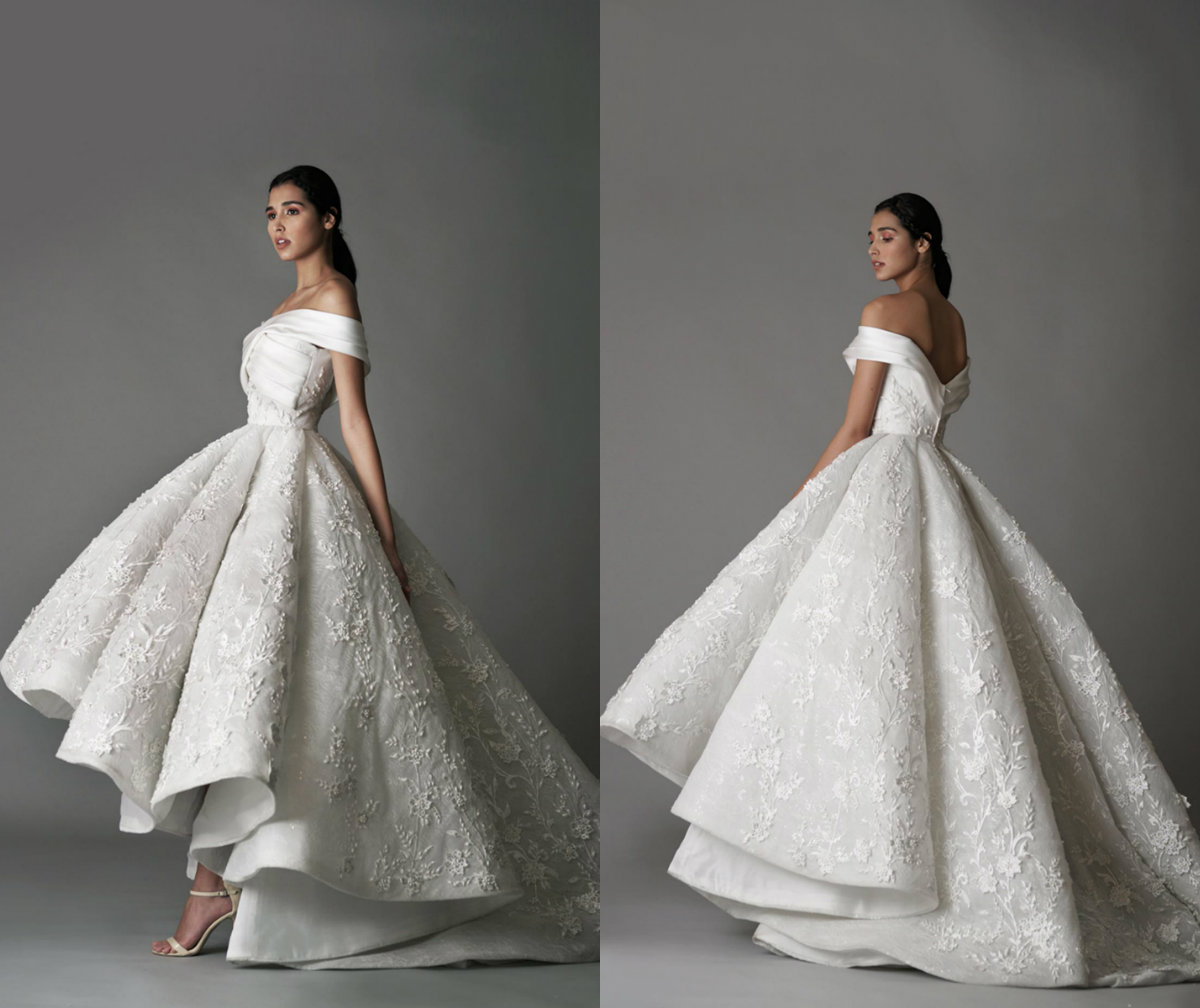 

2019 Modest Wedding Dresses Off The Shoulder Lace 3D Floral Appliqued High Low Bridal Gowns Sweep Train Custom Made Vintage Wedding Dress, Ivory