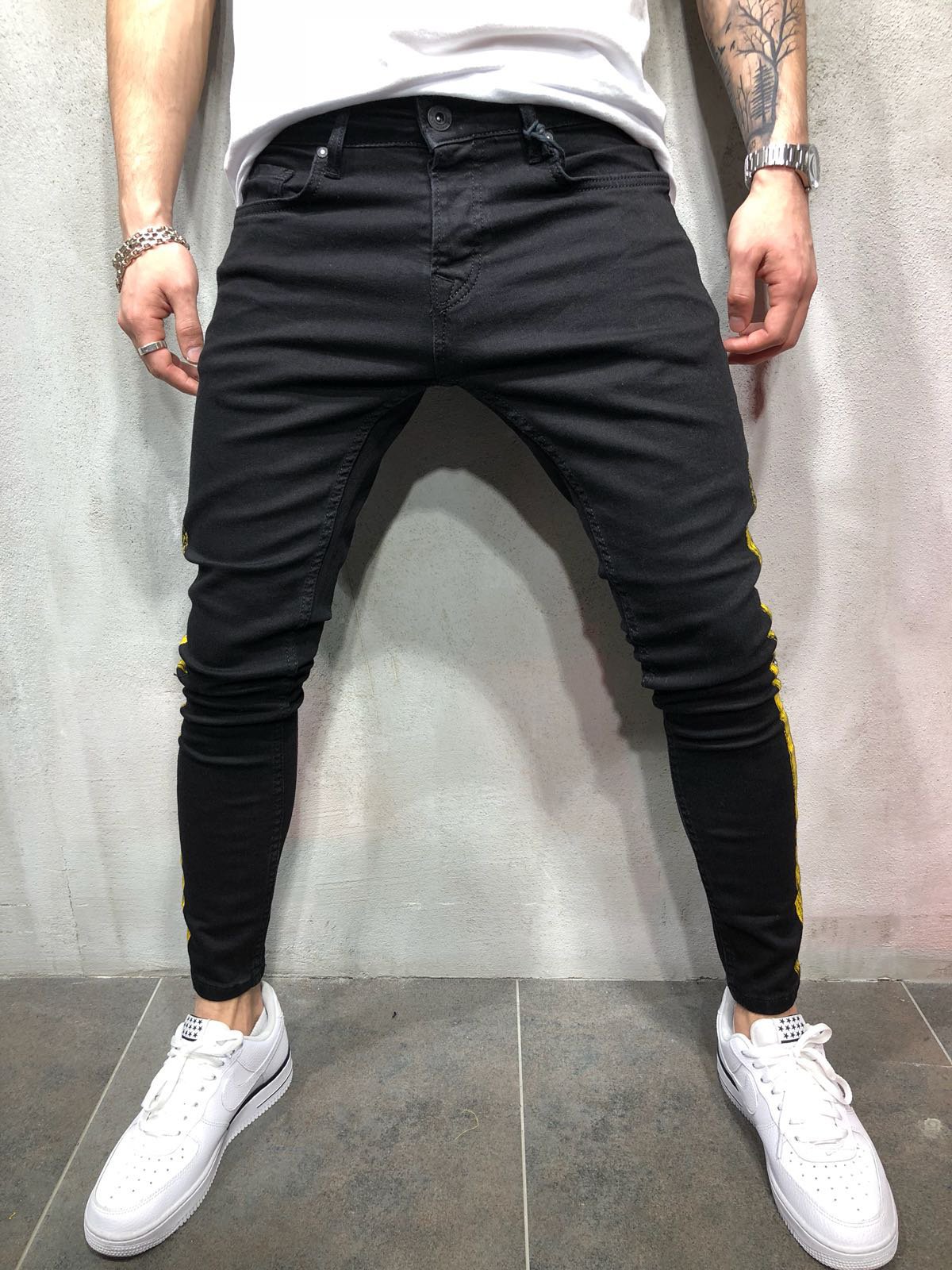 Men's Jeans Mens Denim Men Pencil Pants Slim Fit Biker Skinny Casual Jogger Big Side Pocket Hip Hop Black Cargo
