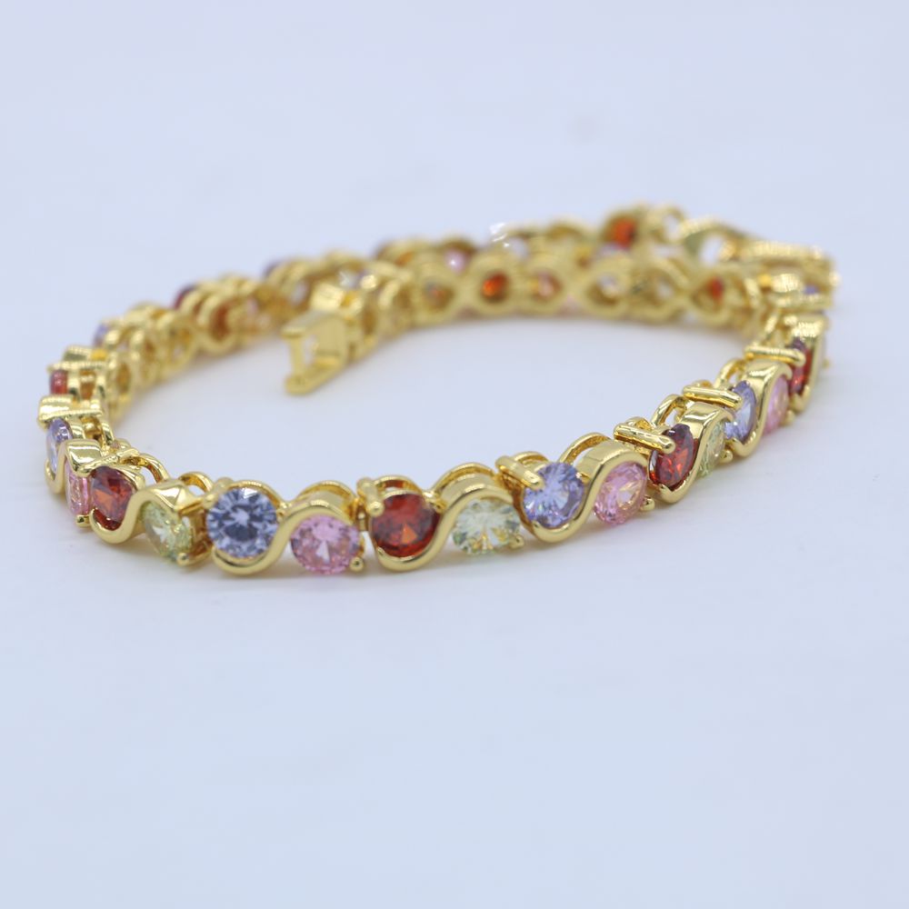 Round Cut Zircon Paved Multicolor Bracelet Wrist Chain 18K Yellow Gold Filled Fashion Womens Girls Luxury Briallant Bracelet Gift-image-708868433