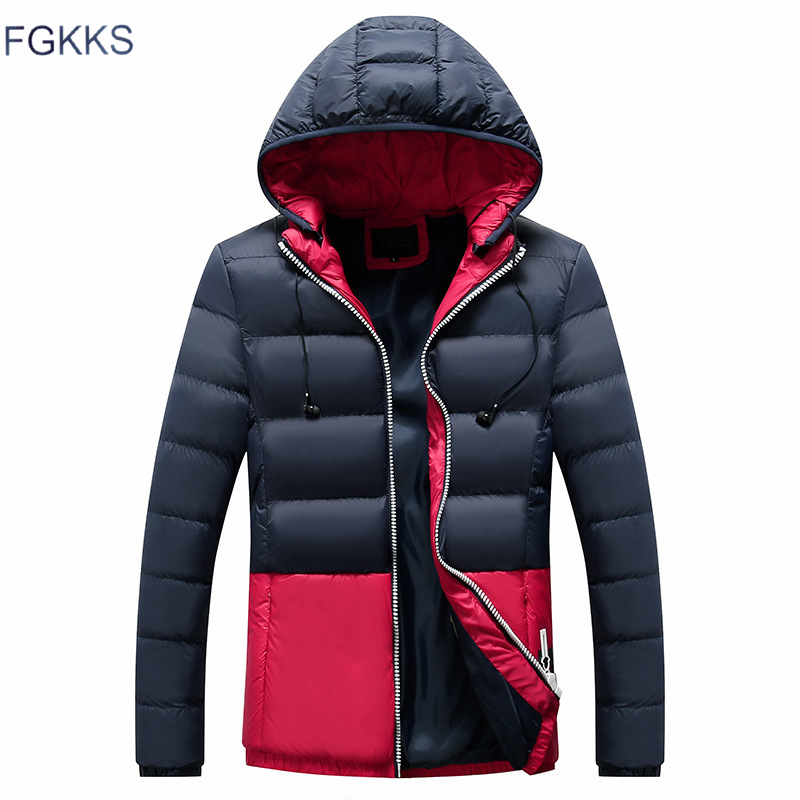 

FGKKS Men Fashion Warm Parkas Coats Winter Male Splice High Quality Parka Overcoat Men's Hooded Comfortable Parkas Jacket, Dark blue