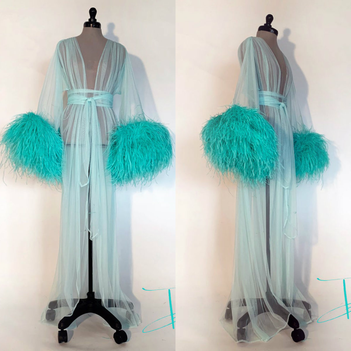 

Turquoise Robe De Mariée Sexy Women Bathrobe Feather Sleepwear Nightgown Long Sleeve Long Robe Spa Bridal Boudoir Robe Party Costume