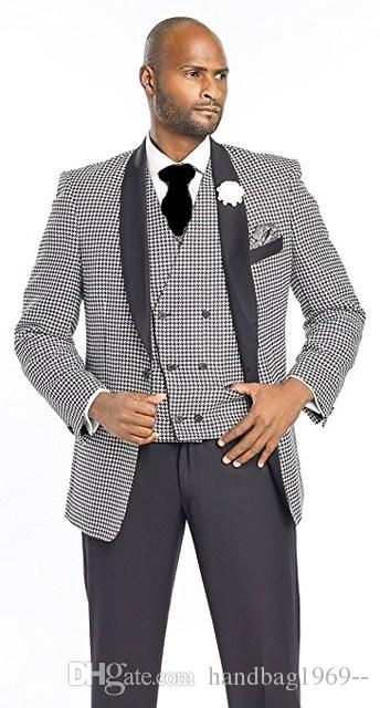 Customize Latest Design Houndstooth Groom Tuxedos Shawl Lapel Mens Prom Dress Wedding Clothes Suits (Jacket+Pants+Vest+Tie) D:259