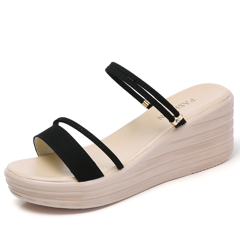 

2020 New Fashion Women Sandals Suede Leather Comfortable Summer High Heel Sandals Women Platform Black sandalia, Beige