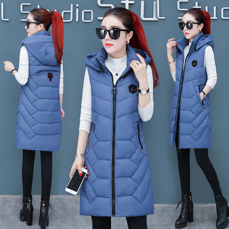 

Wholesale autumn and winter new women's long section slim detachable hat down cotton vest jacket size S-XL, Caramel