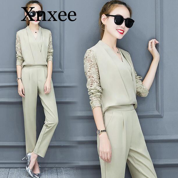 

Women 2 Piece Set Women Suit Female Long Sleeve Lace Work Clothes Trousers Two-Piece Sets Foot Trousers Loose Elegant V Neck, Green