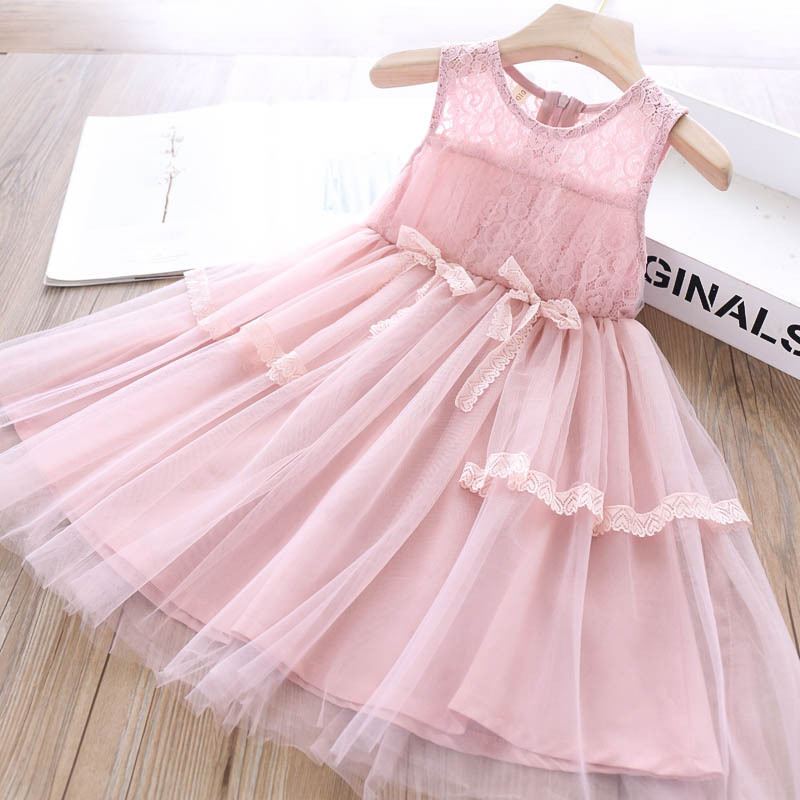 

2020 Summer Girls Bow Hollow Lace Dress Children's Clothing Wholesale, Beige