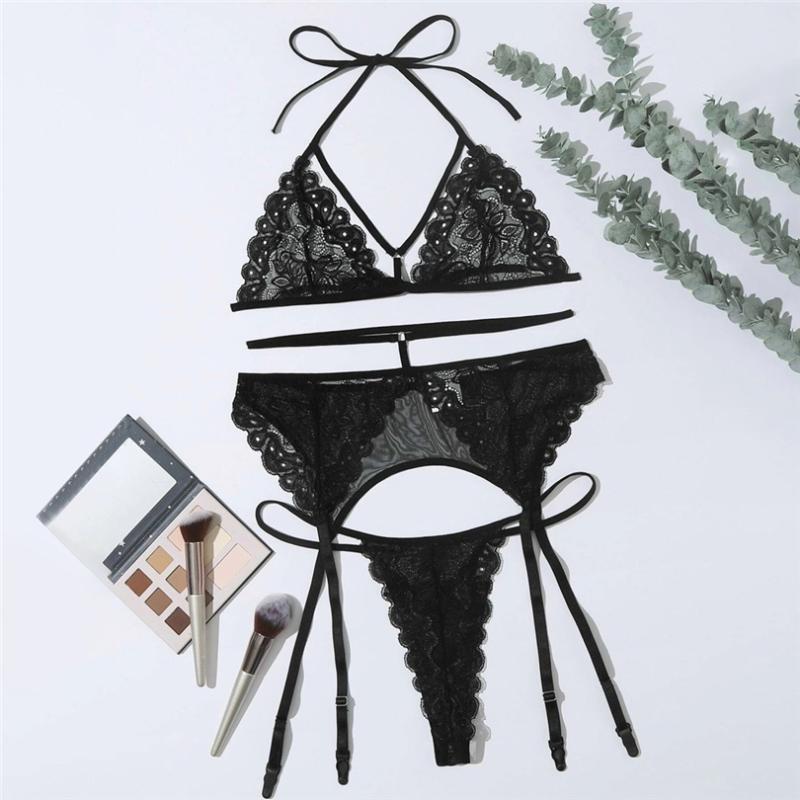 

Sexy Lace Bra And Panty Set Women Plus Size Lace Lingerie Bra+Thong Underwear Set Wire free Bra & Brief Sets Black Sleepwear J80