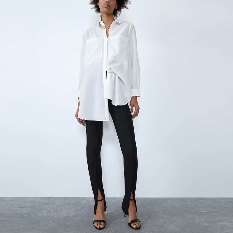 

Casual Women Spring Cotton Long Blouse Pockets Turn Down Collar Loose Shirts Ladies Streetwear White Tops XZ2282