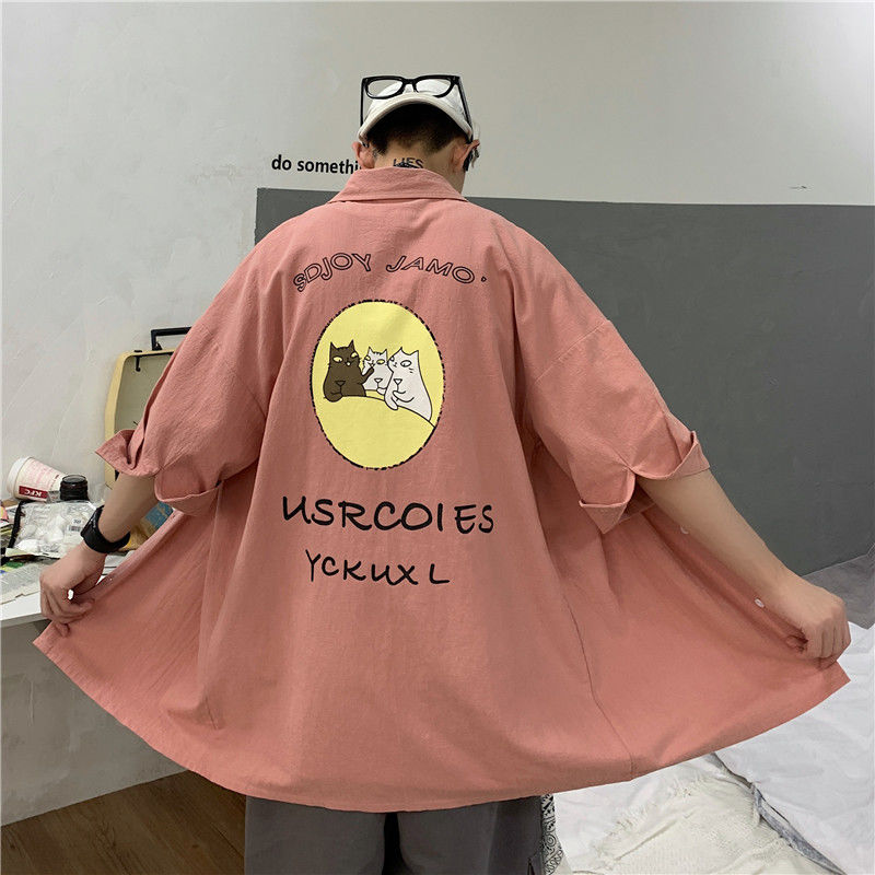 

2020 Men's Pure Color Short-sleeved Hawaiian Shirt Cartoon Printing Shirt Camisa Masculina French Cuff Mens Fashion Shirts, White