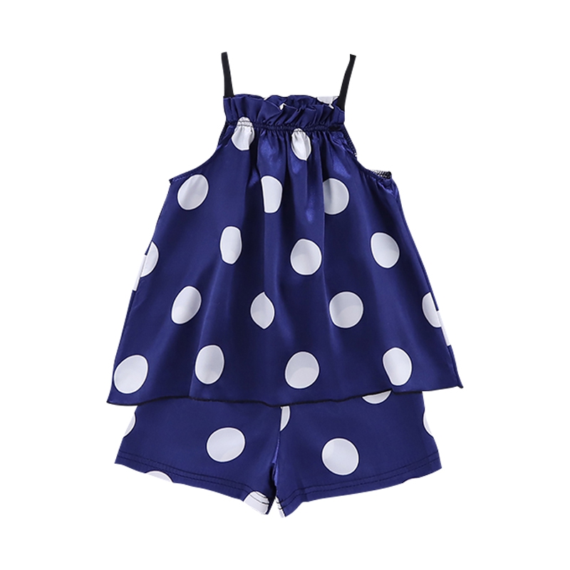 

New Baby Pajamas Set Kids Girls Wave Point Pattern Sling Outfits Set Short Sleeve Blouse Tops+Shorts Sleepwear 2pcs