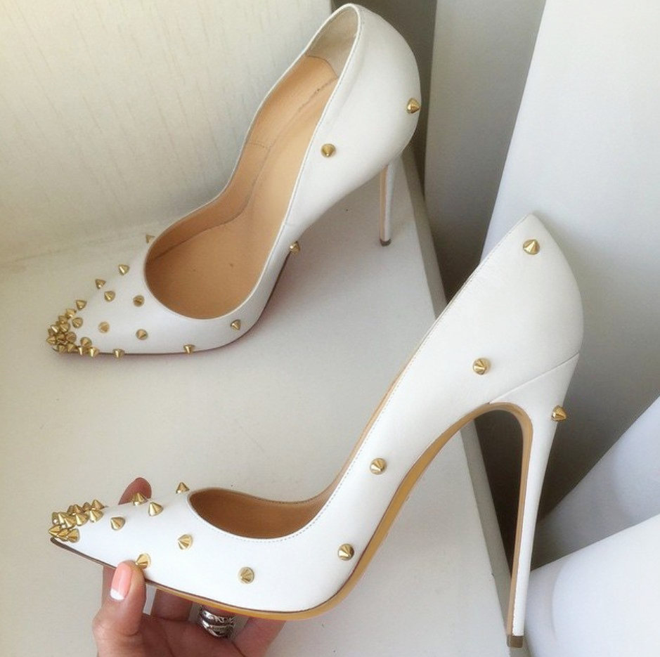 

Designer Free shipping fashion women shoes white spikes point toe stiletto heel high heels pumps bride wedding shoes brand new 12cm, White 10cm