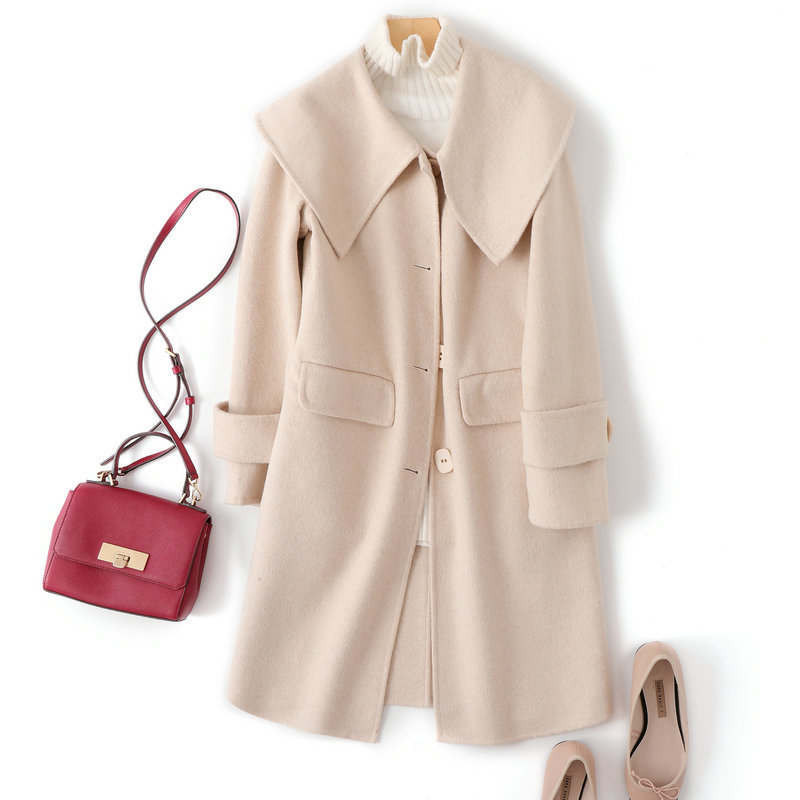 

2020 100% Wool cashmere overcoat high end large lapel middle model autumn winter 2019 new wool overcoat women Navy collar milk, Beige