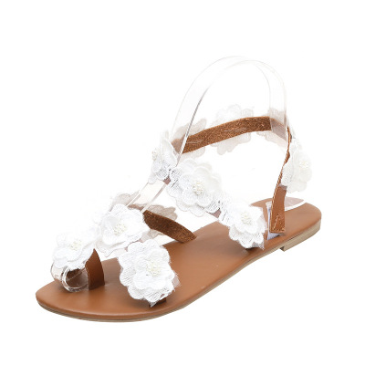

Unique2019 Pu Flower Flat Bottom Set Mouth Ma'am Lace Sandals Woman, White