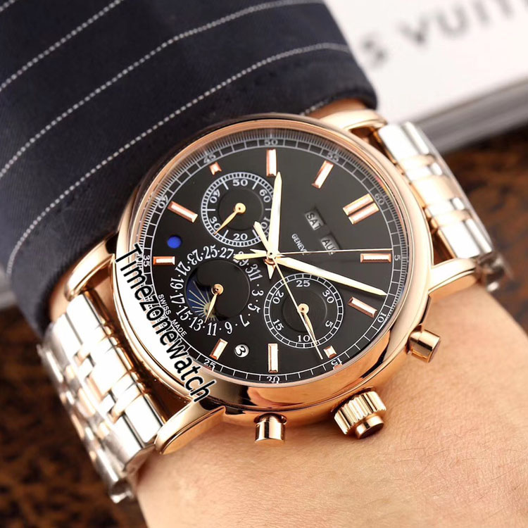 

New 5270/1R-001 Automatic Mens Watch Moon Phase Complicated Two Tone Rose Gold Black Dial Perpetual Calendar Watches Timezonewatch E28d4, Customized waterproof service