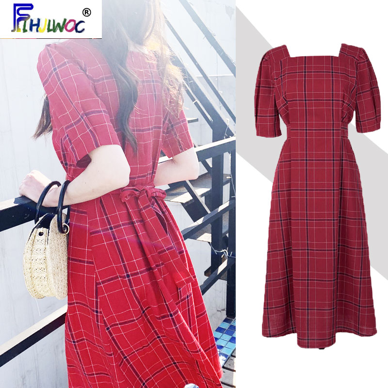 

Red Plaid Dress Hot Sales Women Summer Flhjlwoc Korea Japanese Style Temperament Lady Bow Tie Retro Vintage Cotton Chic Dress, Temperament dress