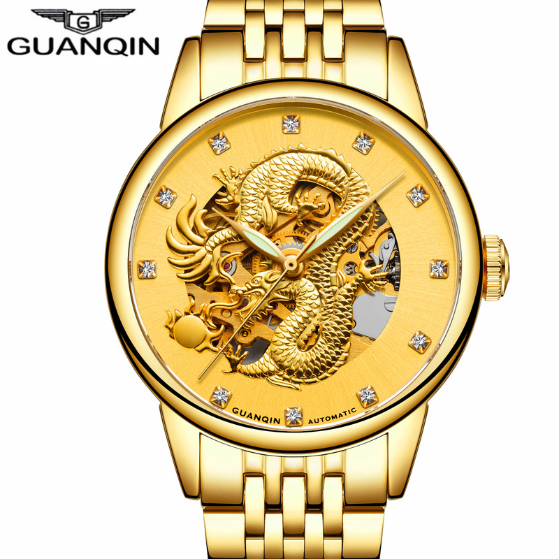 

relogio masculino GUANQIN Luxury Brand Skeleton Gold Dragon Stainless Steel Watch Men Business Automatic Mechanical Wristwatch, Black