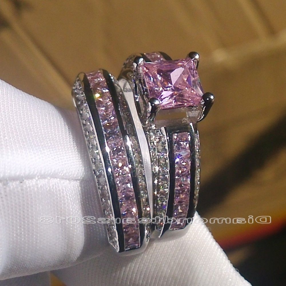 

Wholesale-Wholesale Fashion Jewelry 10kt White Gold Filled Princess Cut Pink Sapphire Gemstones Women Wedding Bridal couple Ring Set Gift