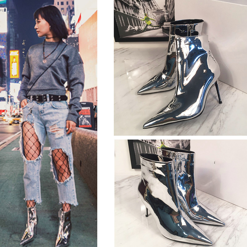 

Fashion Bright Leather Thick Pointed Metal Short Boots Patent Leather Silver Boots Female British Wind Side Zipper Heels