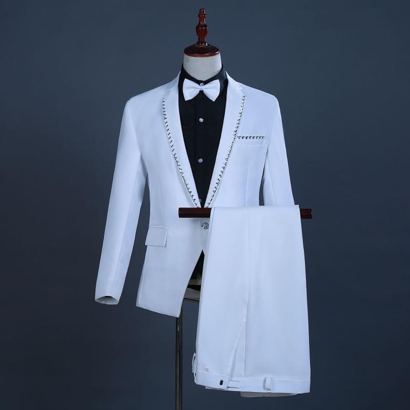

Mens White Diamond Edge 3 Pcs Suits (Jacket+Pants+Bowtie) Slim Fit Stylish Wedding Groom Suits With Pants Costume Homme Mariage
