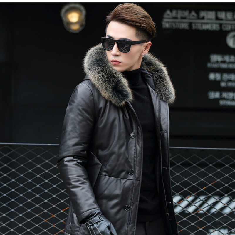 

Winter Genuine Leather Jacket Jackets Fur Collar Real Sheepskin Men Warm Down Coat Jaqueta Couro F28S8222 YY487, Black