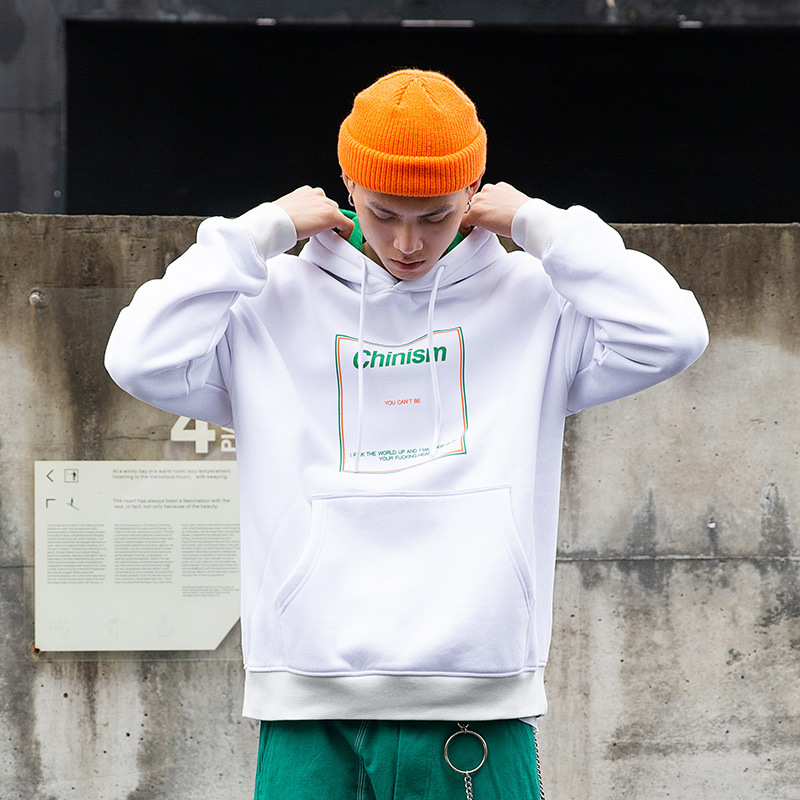 

Letter Print Color Block Patchwork Men Hooded Sweatshirt Hip Hop Streetwear Hoodies, White