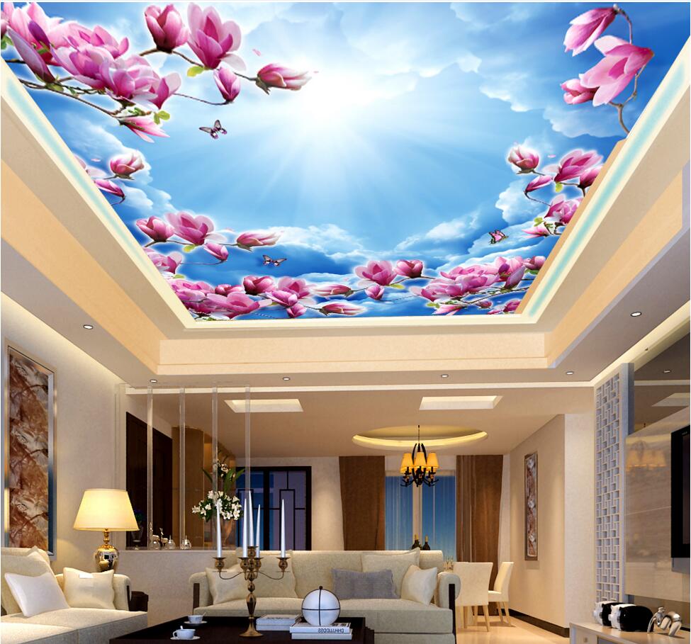 

3d ceiling murals wallpaper custom photo Blue sky and white clouds fragrant red magnolia home decor 3d wall murals wallpaper for walls 3 d, Customize