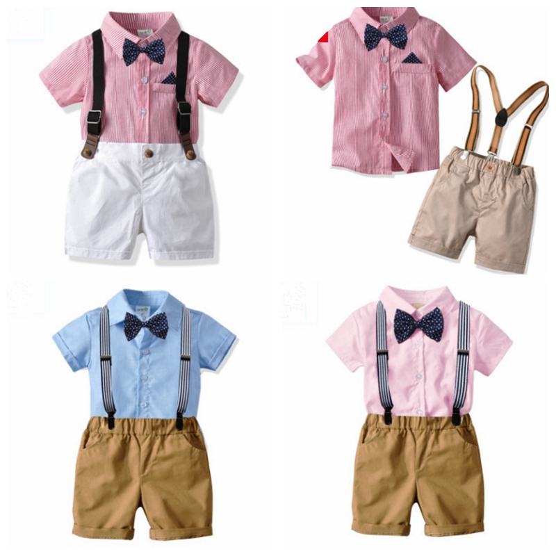 

Kids Designer Clothes Boys Bow Shirts Suspender Pants 2pcs Sets Short Sleeve Children Outfits Boutique Kids Clothing 7 Designs DW4162, 1 lot=shirts+ shorts