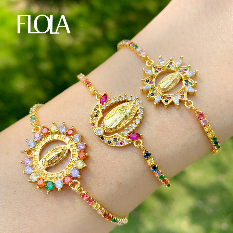 

FLOLA Multicolor Virgin Mary Bracelets For Women Crystal Bracelets Pendant Gold Christian Jewelry virgen de guadalupe brtc09