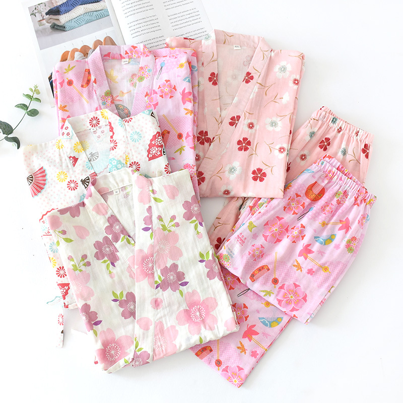 

Spring Summer Pure Cotton Yarn Kimono Pajamas V-Neck Printing Pijama Mujer Loungewear Women 2 Piece Sleepwear, Style 2