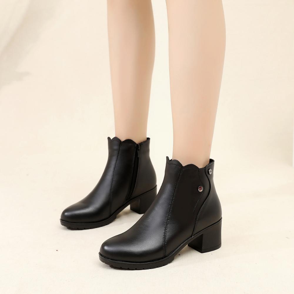 

hoes Winter Boots Genuine Leather Fur Boots-women Zipper Booties Ladies 2020 Med Mid Calf Pointy Rubber Pointed, Black