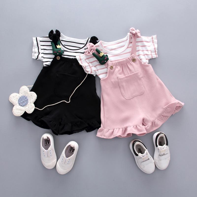 

Kid Clothes Girl Outfits Striped Short Sleeve T shirt +Rompers Korean Girls Clothes Set Fashion Cute Infants Girl Summer, 02