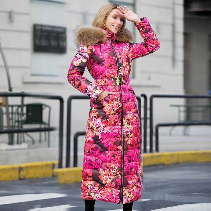 

2019 winter jacket women down jackets womens long coat raccoon fur hood flower duck down outerwear overcoat girl parka, As pic