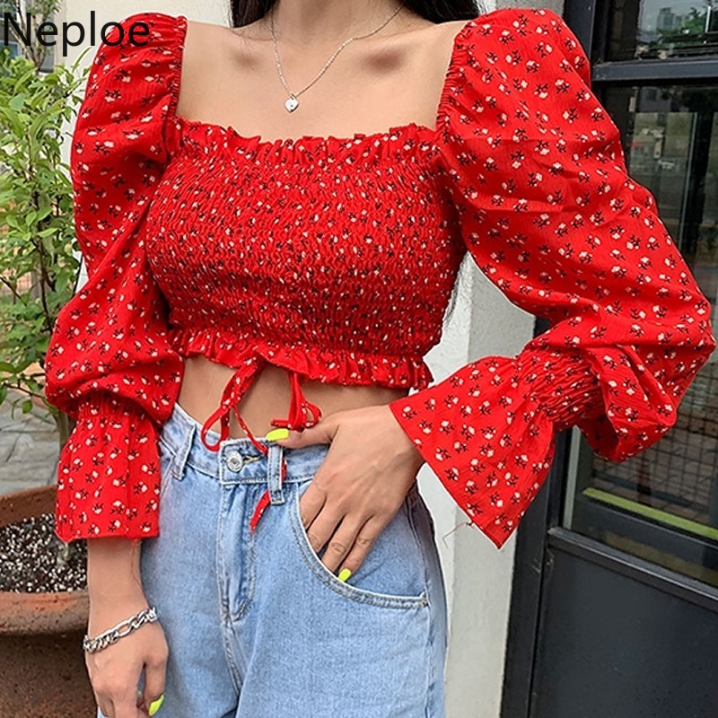 

Neploe Sweet Floral Women Short Blouses 2020 Spring Puff Long Sleeve Square Collar Shirt Drawstring High Waist Crop Tops 59038, Black