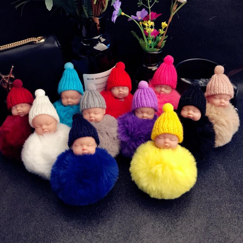 

12 color Cute Sleeping Baby Doll Keychain Pompom Rabbit Fur Ball Key Chain Car Keyring Women Key Holder Bag Pendant