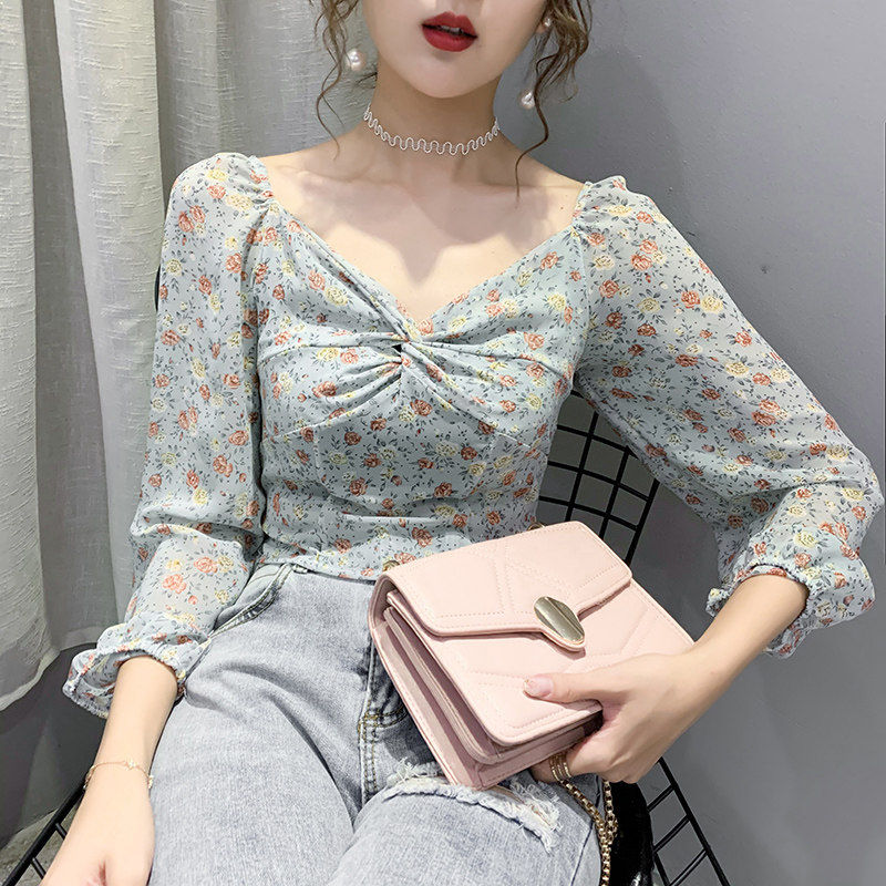 

Floral Chiffon Shirt Women's Niche Fashion Jacket Woman 2020 New Shirt Clavicle Top V-neck, Orange