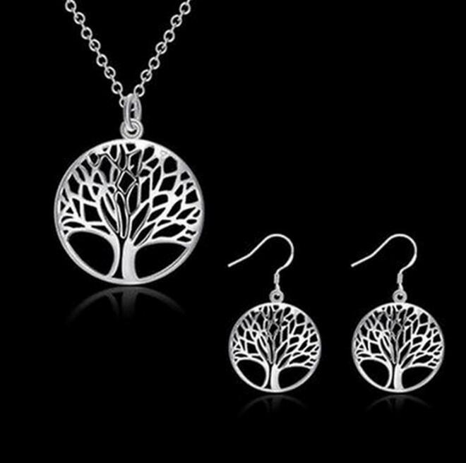 

Hot sales Fashion Women Hollowing Tree Life Disk Pendant Necklace and Earrings Jewelry Set Plated Golden silvery, As picture