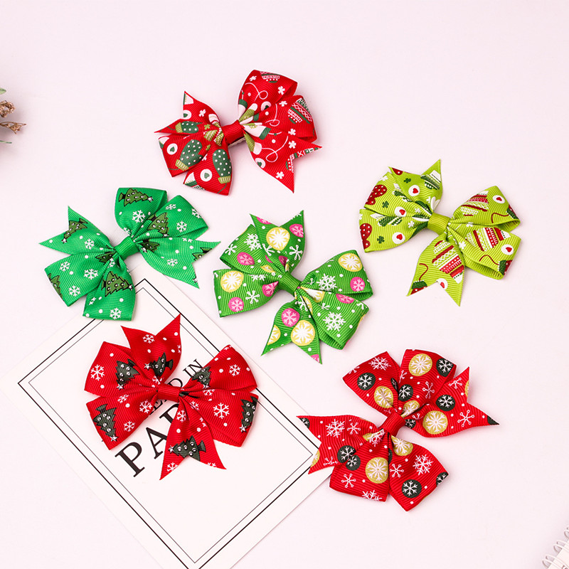 

3 Inch Girls Hair Clips Christmas Tree Bow Sequins Snowflake Barrettes Hairbow Hairpin Hair Head Accessories, Mix colors