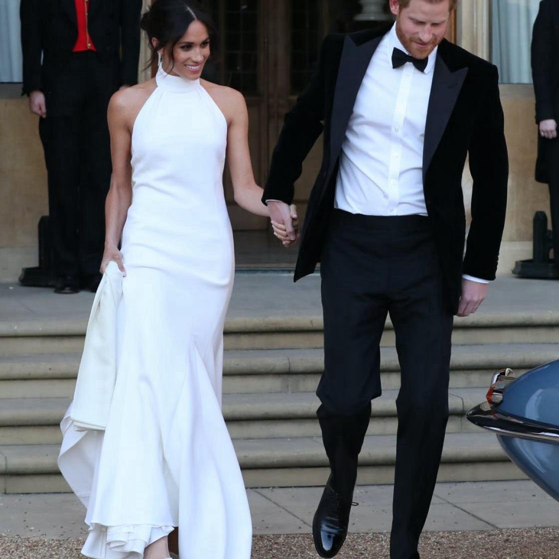 

Meghan Markle Halter Second Royal Celebrity Gown Mermaid Reception Dress with Satin Long Sweep Train Dresses, Dark navy