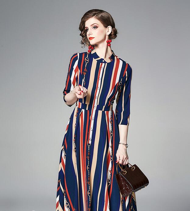 

blue red beige striped women shirt dress crew neck A-line street style dresses Mid-Calf long sleeve, Multi