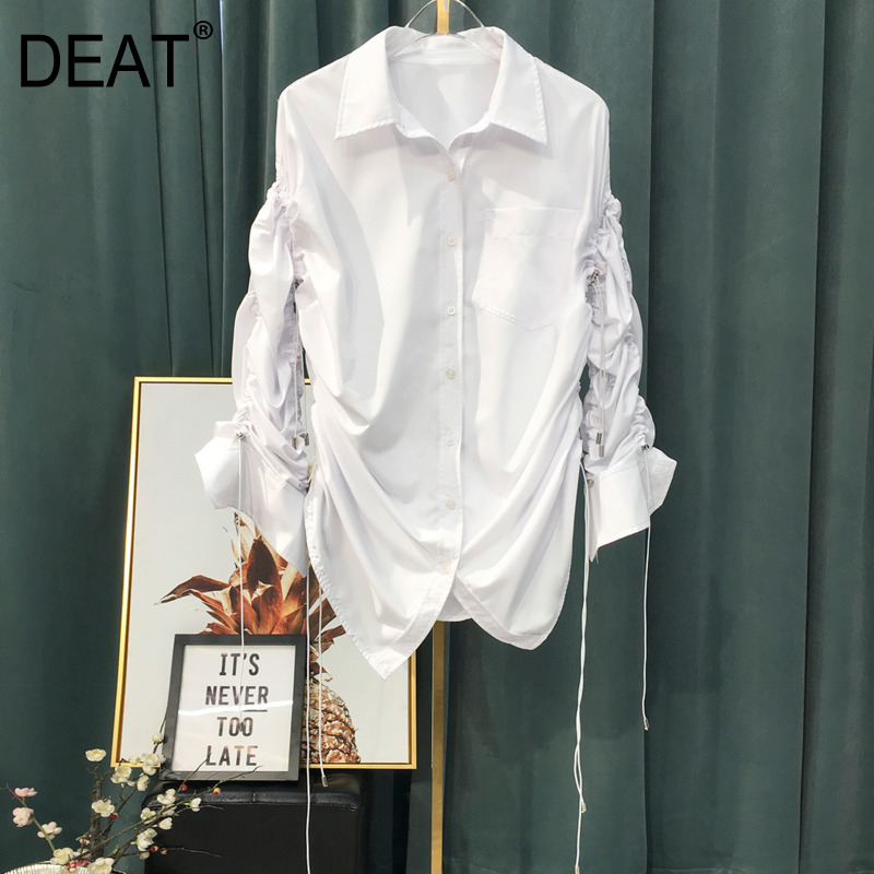 

DEAT 2020 new spring and summer fashion women clothing Drawstring turn-down collar single breasted white shirt WL10200L, White custom