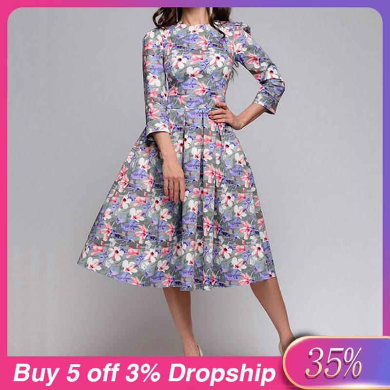 

Women Spring Midi Dress Hot Sale Elegant Printing A-line Dress For Female O-neck Long sleeve Vintage Casual Vestidos#3, Blue