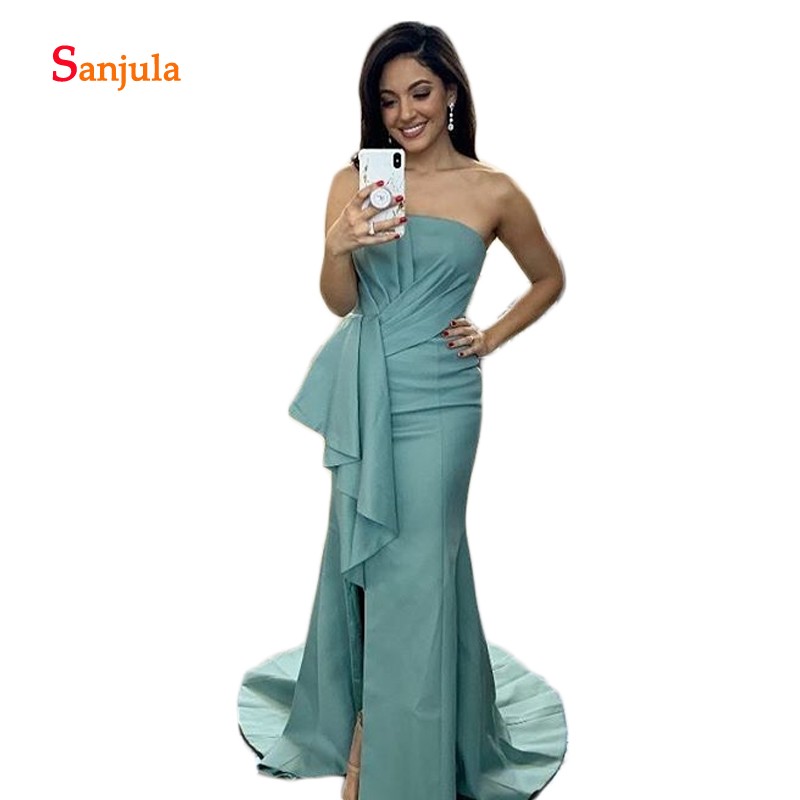

Sheath Simple Long Evening Dresses Strapless Pleats Eleagnt Women Dinner Gowns Side Slit Evening Party Dresses abendkleider 1139, Purple