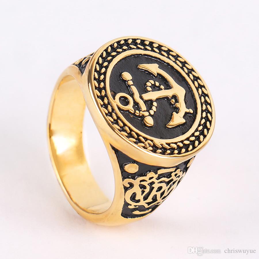 Fashion Men Gold Black Mens Rings Stainless Steel Vintage Anchor Signet Ring for Men Boy Punk Party Bike Fashion Jewelry