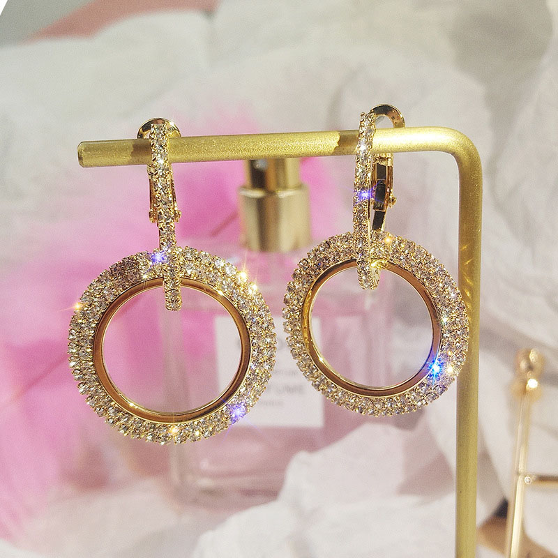 

High Fashion Round Geometric Rhinestone Shiny Dangle Earrings for Women Handmade Gold Copper Hoop Earring with Steel Pin Jewelry Gift