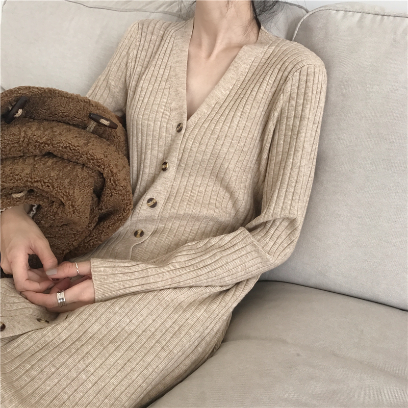 

Women Winter Long Knitted Sweater Maxi Dress with Buttons V-neck Slim Bodycon Vestidos Casual Elegant Robe Femme Sukienki, Image color
